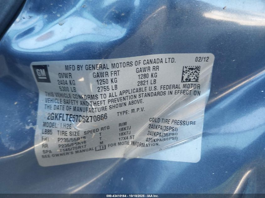 2012 GMC Terrain Sle-2 VIN: 2GKFLTE57C6270866 Lot: 43410164