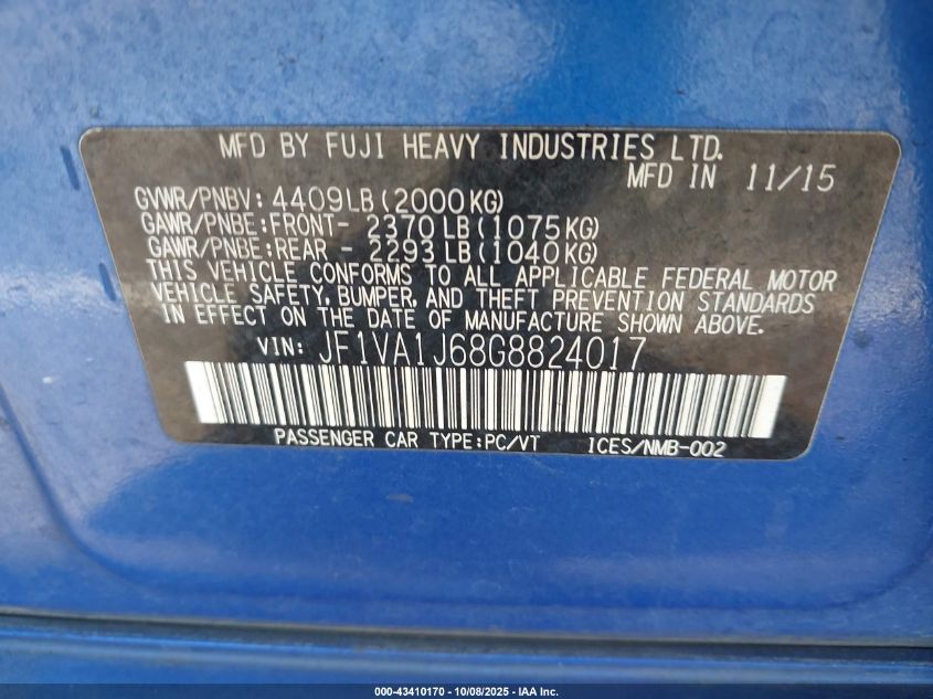 2016 Subaru Wrx Limited VIN: JF1VA1J68G8824017 Lot: 43410170