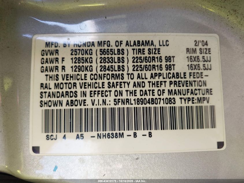 2004 Honda Odyssey Ex-L VIN: 5FNRL18904B071083 Lot: 43410175