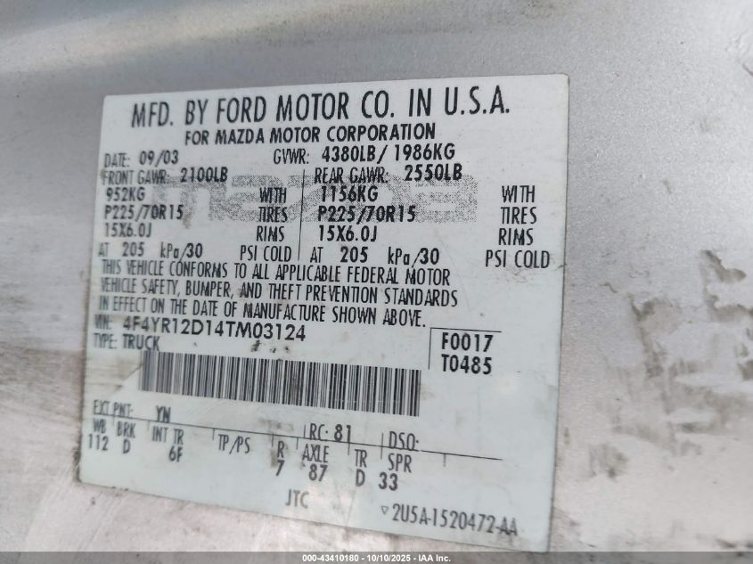 2004 Mazda B2300 VIN: 4F4YR12D14TM03124 Lot: 43410180