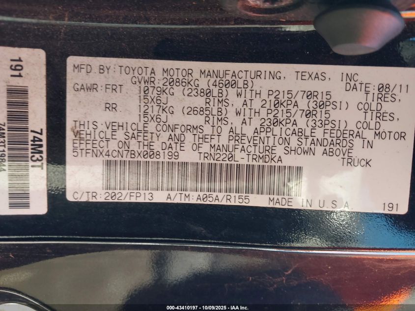 2011 Toyota Tacoma VIN: 5TFNX4CN7BX008199 Lot: 43410197