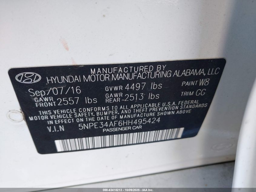 2017 Hyundai Sonata Limited VIN: 5NPE34AF6HH495424 Lot: 43410213