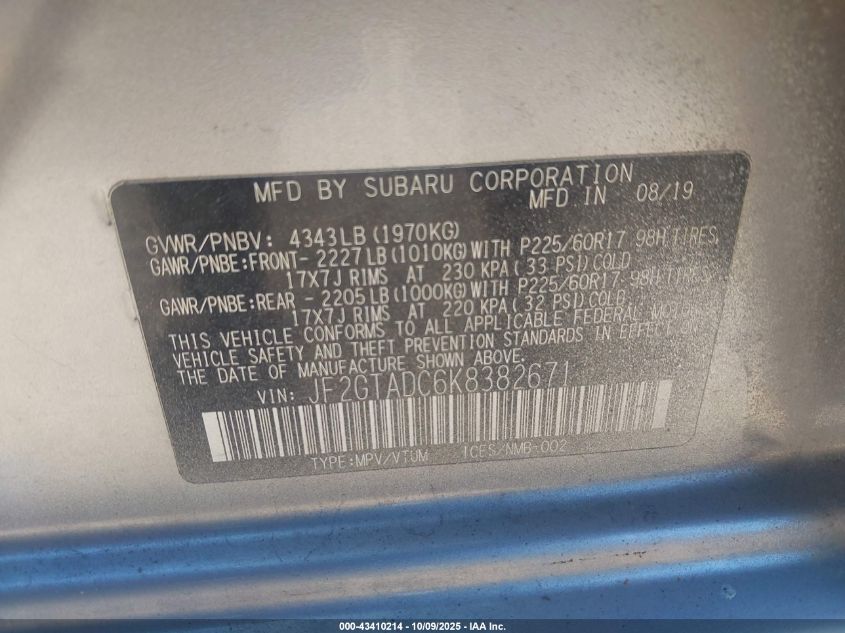 2019 Subaru Crosstrek 2.0I Premium VIN: JF2GTADC6K8382671 Lot: 43410214