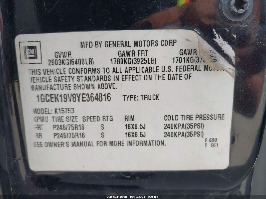2000 Chevrolet Silverado 1500 VIN: 1GCEK19V8YE364816 Lot: 43410219