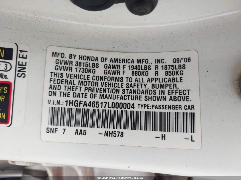 2007 Honda Civic Gx VIN: 1HGFA46517L000004 Lot: 43410224