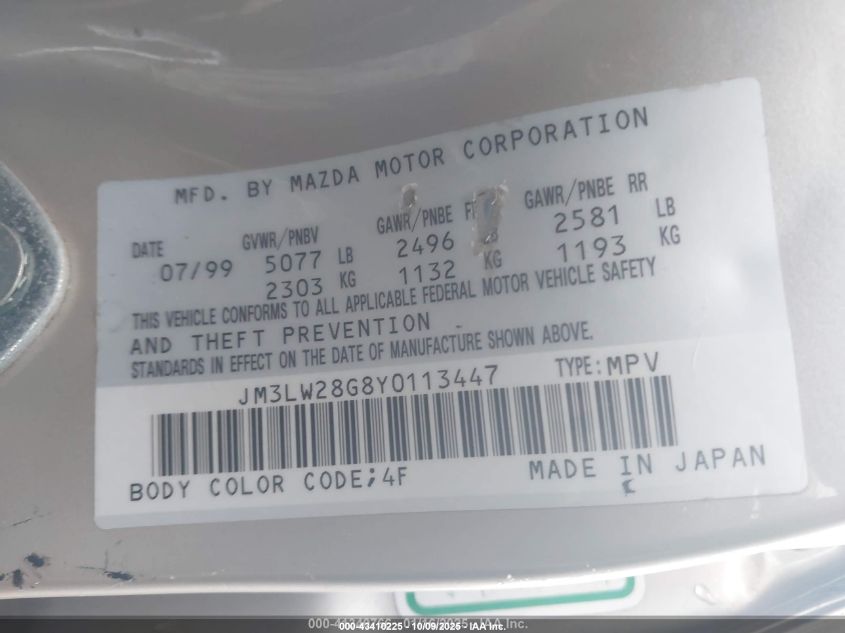 2000 Mazda Mpv Dx/Es/Lx VIN: JM3LW28G8Y0113447 Lot: 43410225
