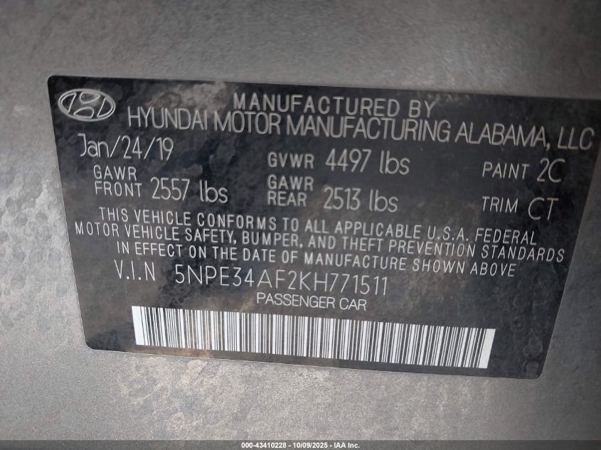 2019 Hyundai Sonata Sel VIN: 5NPE34AF2KH771511 Lot: 43410228