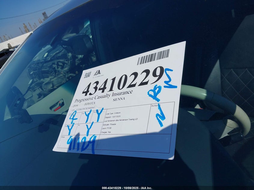 2014 TOYOTA SIENNA SE 8 PASSENGER 5TDXK3DCXES460043