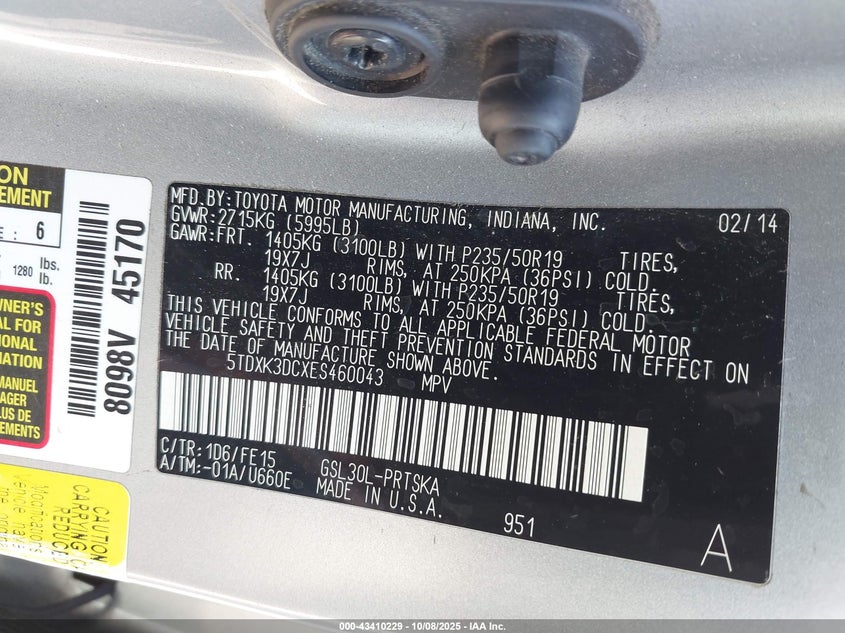 2014 TOYOTA SIENNA SE 8 PASSENGER 5TDXK3DCXES460043