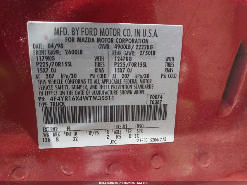 1998 Mazda B4000 Se VIN: 4F4YR16X4WTM35511 Lot: 43410233