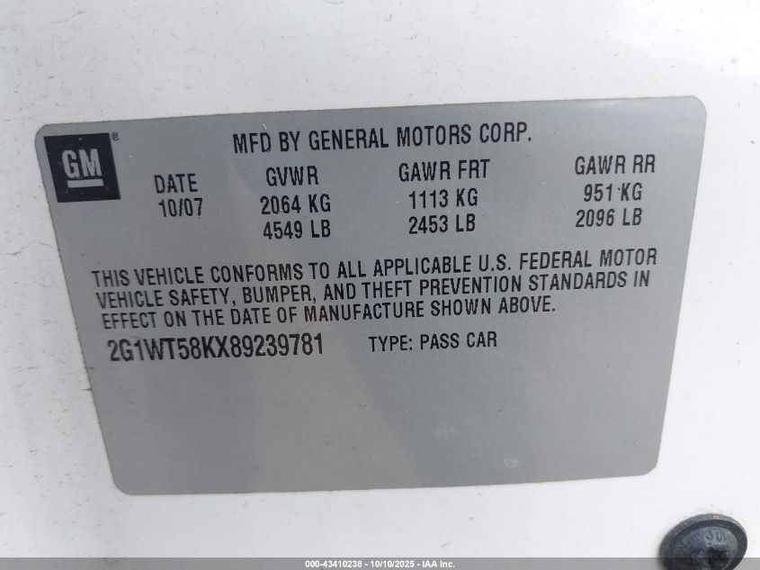 2008 Chevrolet Impala Lt VIN: 2G1WT58KX89239781 Lot: 43410238