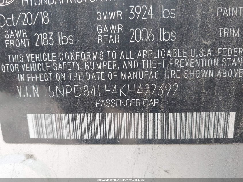 2019 Hyundai Elantra Sel VIN: 5NPD84LF4KH422392 Lot: 43410250