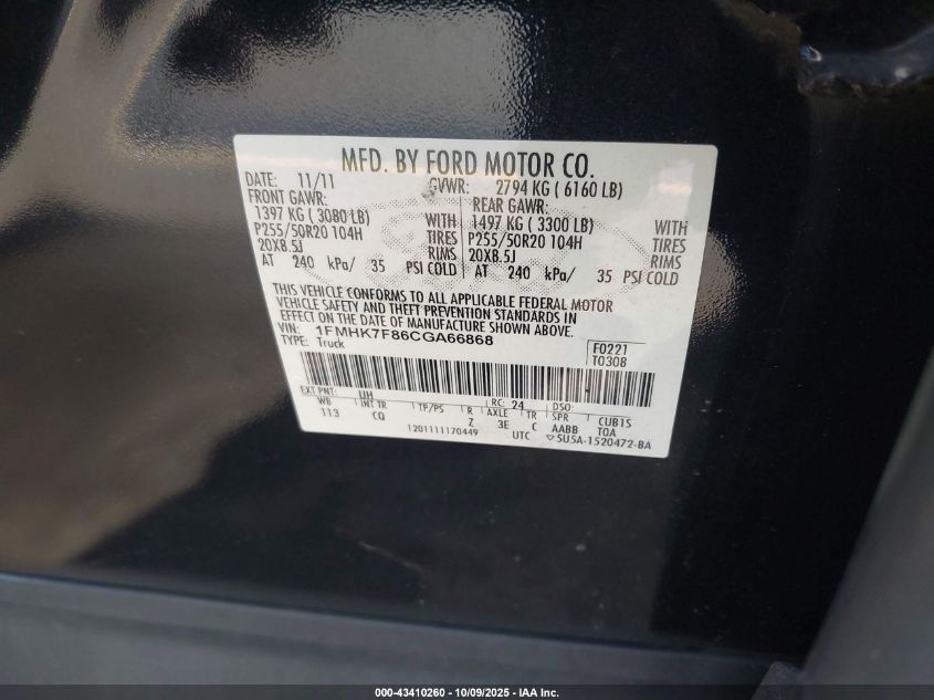 2012 Ford Explorer Limited VIN: 1FMHK7F86CGA66868 Lot: 43410260