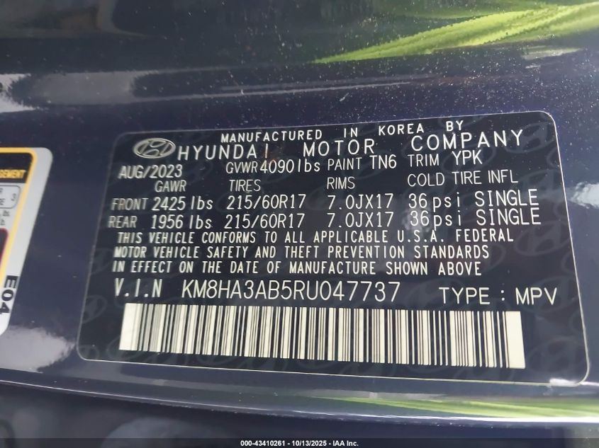 2024 Hyundai Kona Se VIN: KM8HA3AB5RU047737 Lot: 43410261