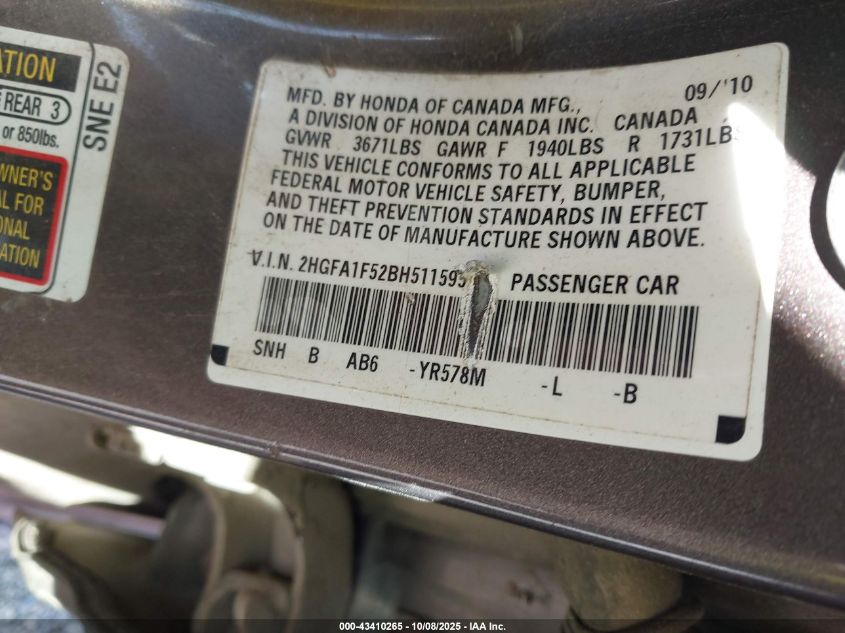 2011 Honda Civic Lx VIN: 2HGFA1F52BH511595 Lot: 43410265