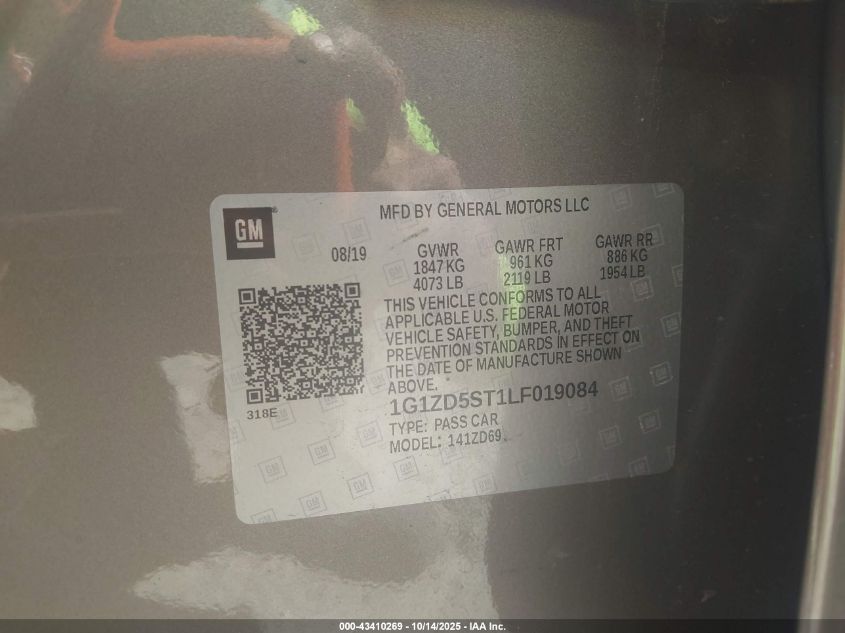 2020 Chevrolet Malibu Fwd Lt VIN: 1G1ZD5ST1LF019084 Lot: 43410269