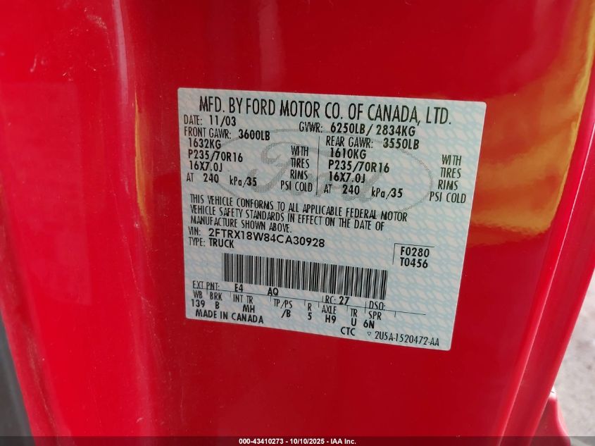 2004 Ford F-150 Heritage Xl/Xlt VIN: 2FTRX18W84CA30928 Lot: 43410273