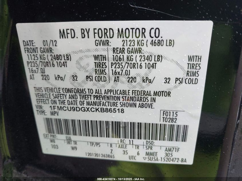 2012 Ford Escape Xlt VIN: 1FMCU9DGXCKB86518 Lot: 43410274