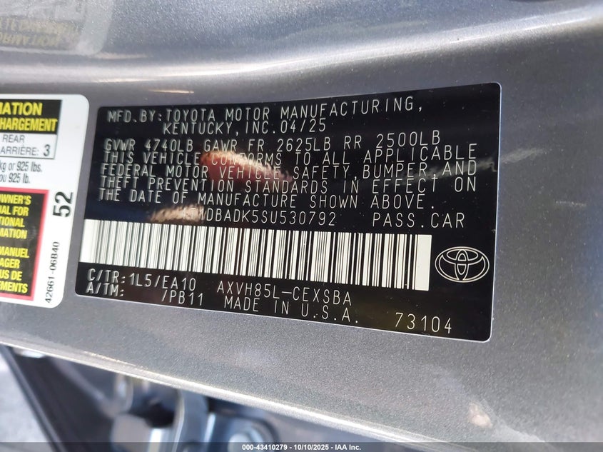 2025 Toyota Camry Se VIN: 4T1DBADK5SU530792 Lot: 43410279