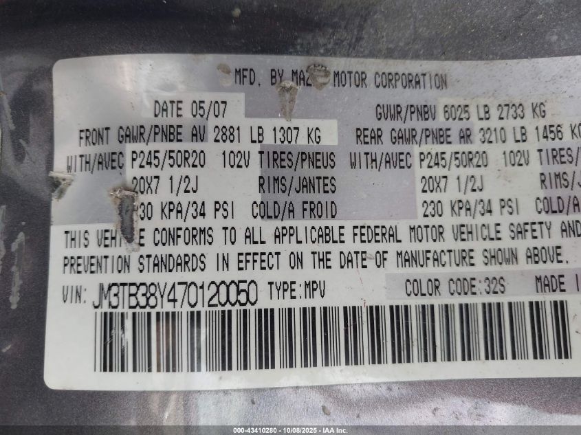 2007 Mazda Cx-9 Grand Touring VIN: JM3TB38Y470120050 Lot: 43410280