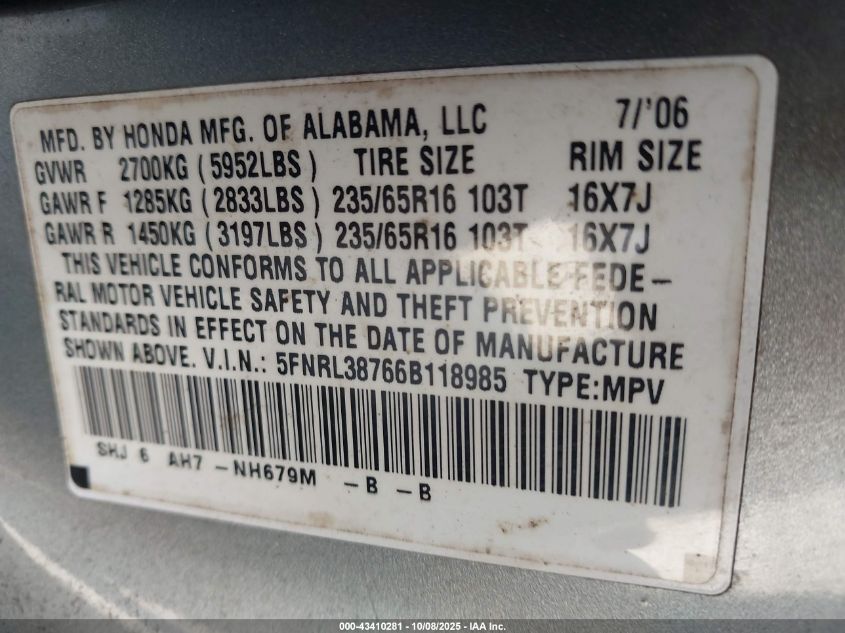 2006 Honda Odyssey Ex-L VIN: 5FNRL38766B118985 Lot: 43410281