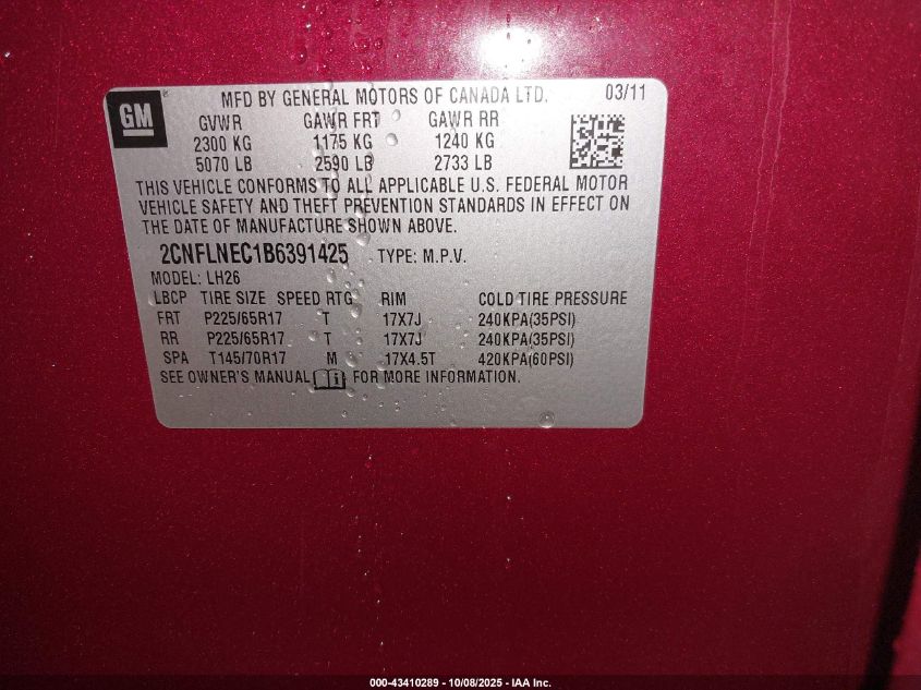 2011 Chevrolet Equinox 2Lt VIN: 2CNFLNEC1B6391425 Lot: 43410289