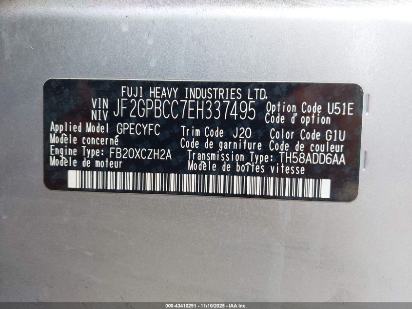 2014 Subaru Xv Crosstrek Hybrid 2.0I VIN: JF2GPBCC7EH337495 Lot: 43410291