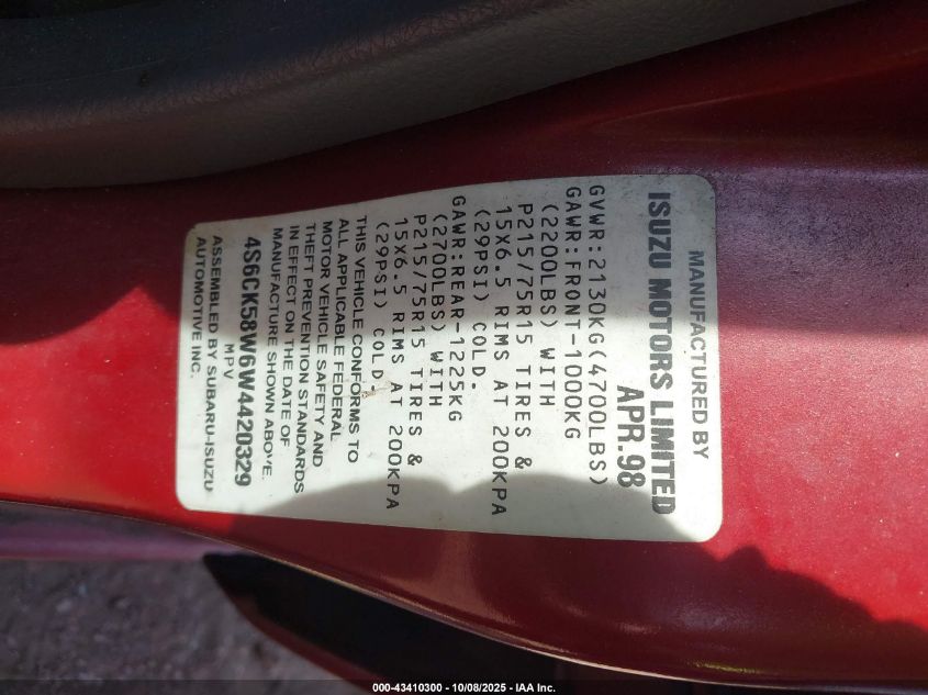 1998 Honda Passport Ex/Lx VIN: 4S6CK58W6W4420329 Lot: 43410300