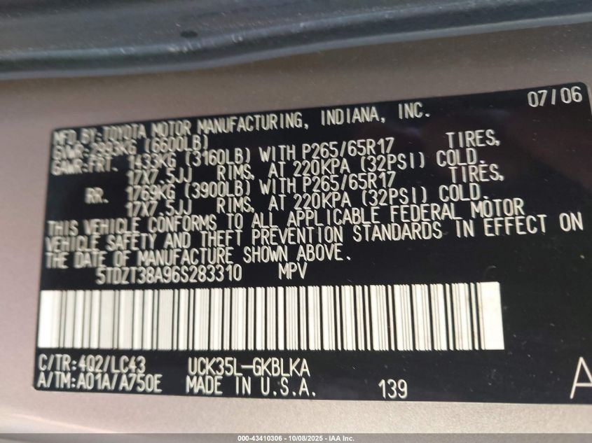 2006 Toyota Sequoia Limited V8 VIN: 5TDZT38A96S283310 Lot: 43410306