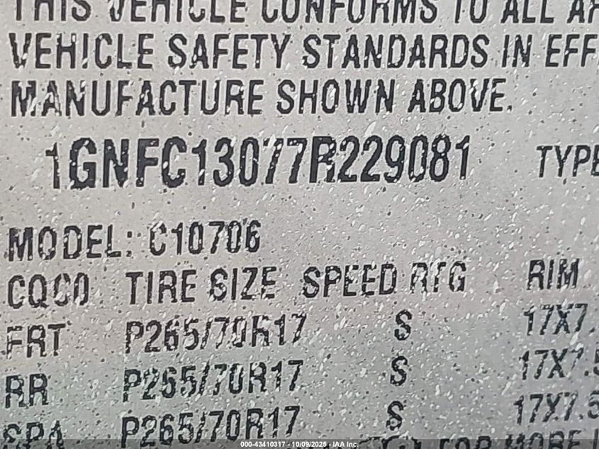 2007 Chevrolet Tahoe Ls VIN: 1GNFC13077R229081 Lot: 43410317