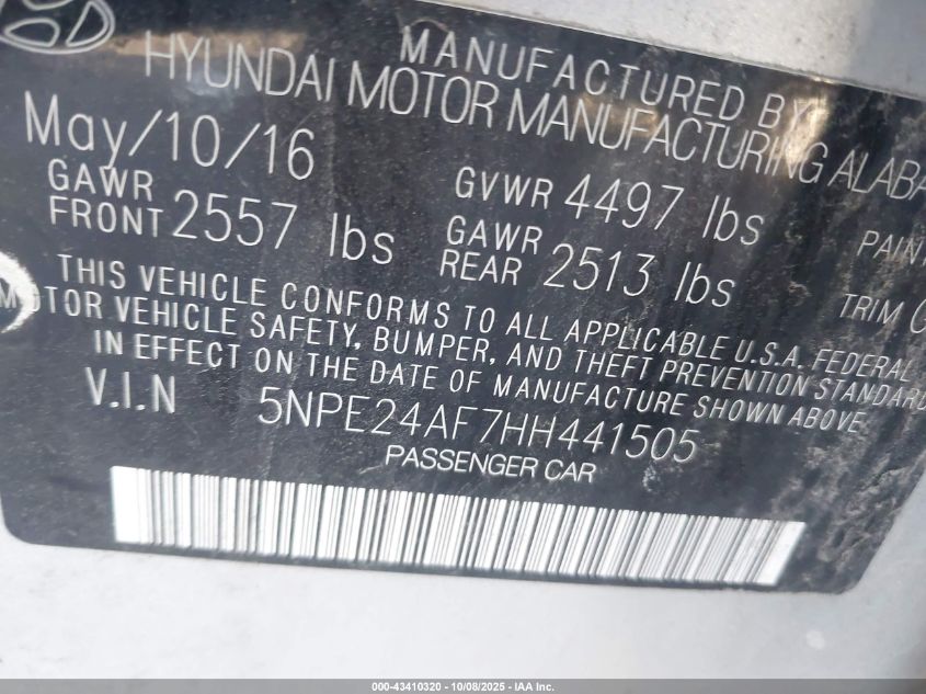 2017 Hyundai Sonata VIN: 5NPE24AF7HH441505 Lot: 43410320
