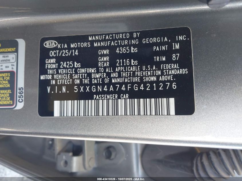 2015 Kia Optima Ex VIN: 5XXGN4A74FG421276 Lot: 43410326