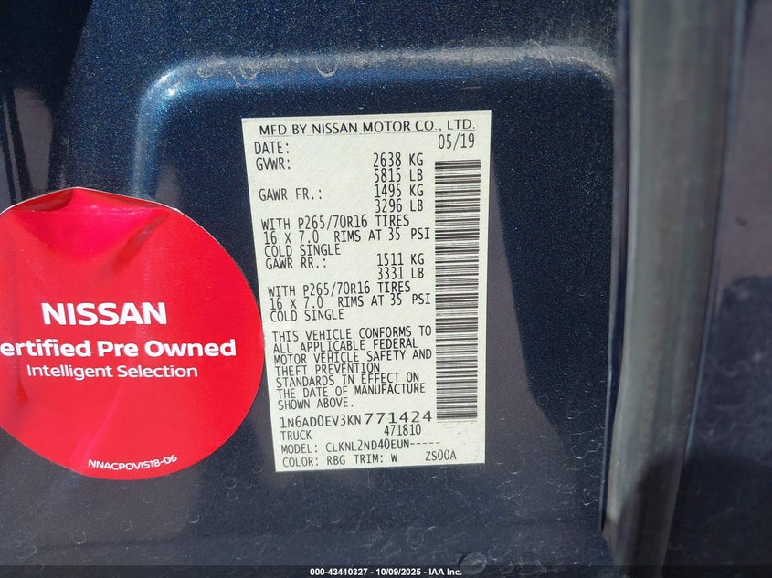 2019 NISSAN FRONTIER SV 1N6AD0EV3KN771424