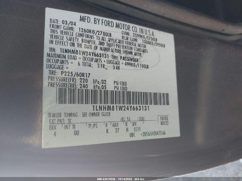 2004 Lincoln Town Car Signature VIN: 1LNHM81W24Y663131 Lot: 43410328