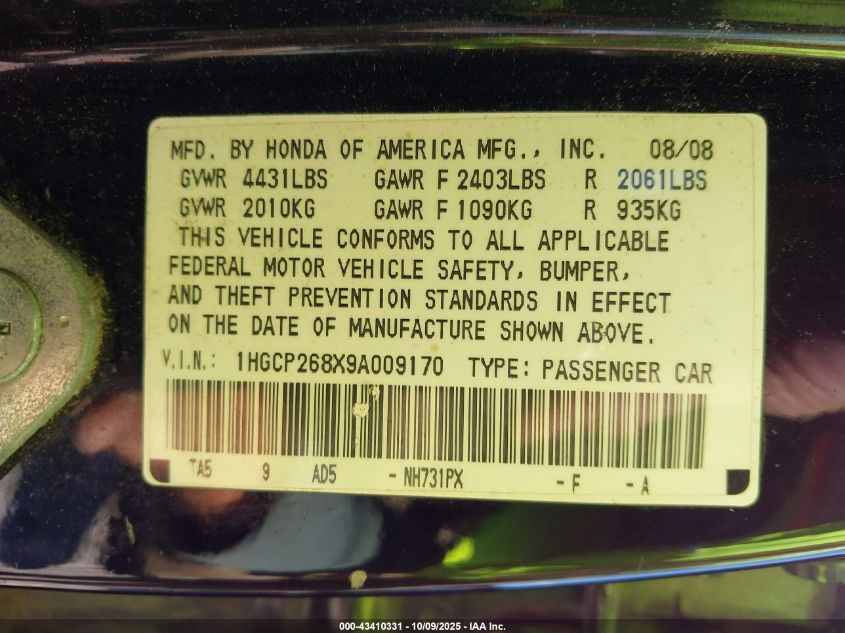 2009 Honda Accord 2.4 Ex-L VIN: 1HGCP268X9A009170 Lot: 43410331