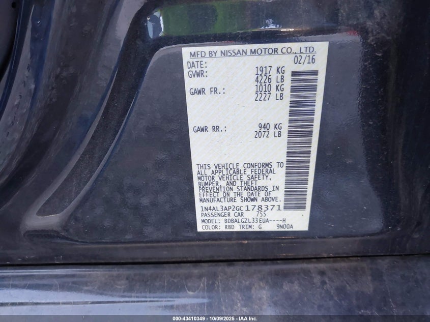 2016 NISSAN ALTIMA 2.5 S 1N4AL3AP2GC178371