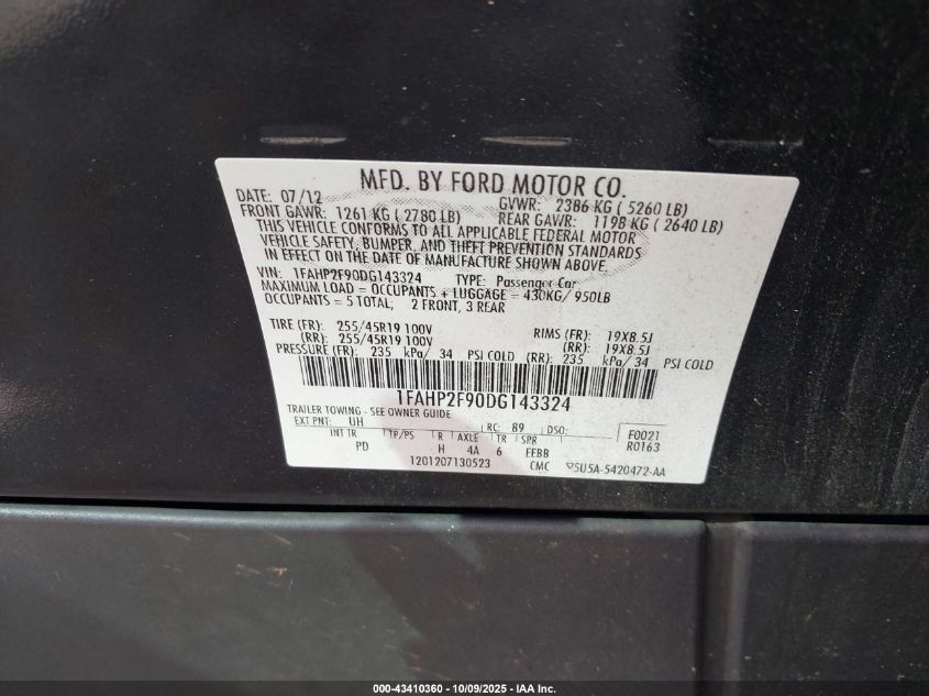 2013 Ford Taurus Limited VIN: 1FAHP2F90DG143324 Lot: 43410360