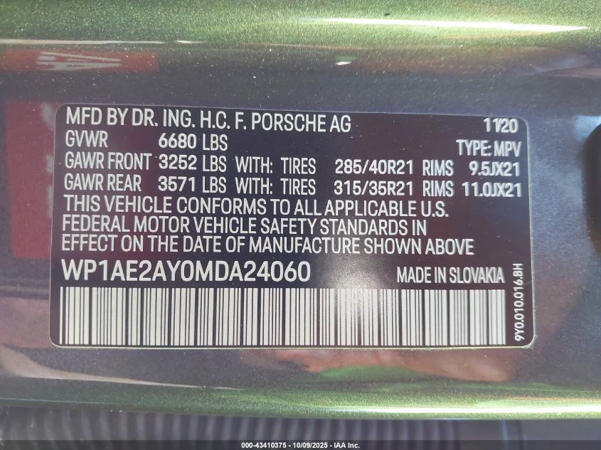 2021 Porsche Cayenne E-Hybrid VIN: WP1AE2AY0MDA24060 Lot: 43410375