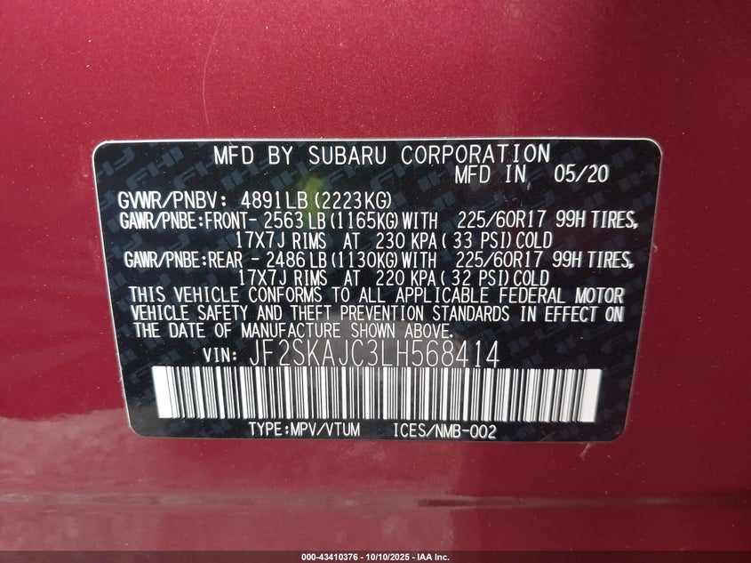 2020 SUBARU FORESTER PREMIUM JF2SKAJC3LH568414