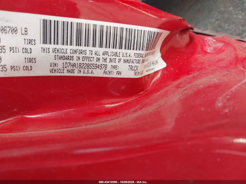 2008 Dodge Ram 1500 Slt VIN: 1D7HA18228S594978 Lot: 43410390