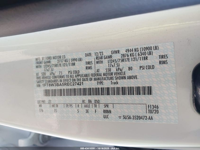 2024 Ford F-350 Xl VIN: 1FT8W3BA5REC27421 Lot: 43410391