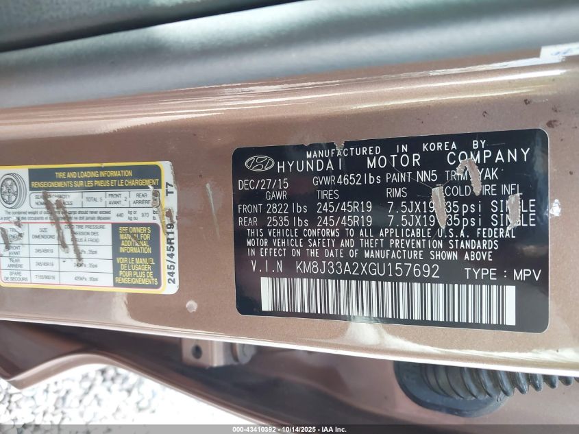 2016 Hyundai Tucson Sport VIN: KM8J33A2XGU157692 Lot: 43410392
