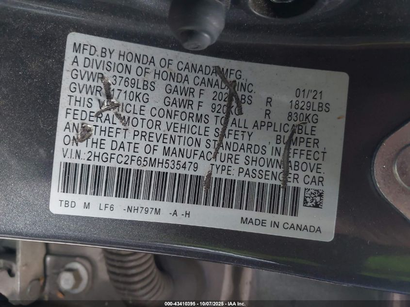 2021 Honda Civic Lx VIN: 2HGFC2F65MH535479 Lot: 43410395