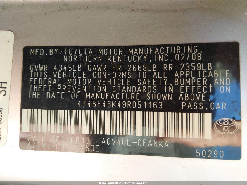 2009 Toyota Camry Le VIN: 4T4BE46K49R051163 Lot: 43410400