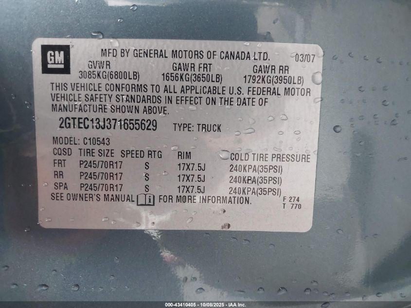 2007 GMC Sierra 1500 Sle2 VIN: 2GTEC13J371655629 Lot: 43410405