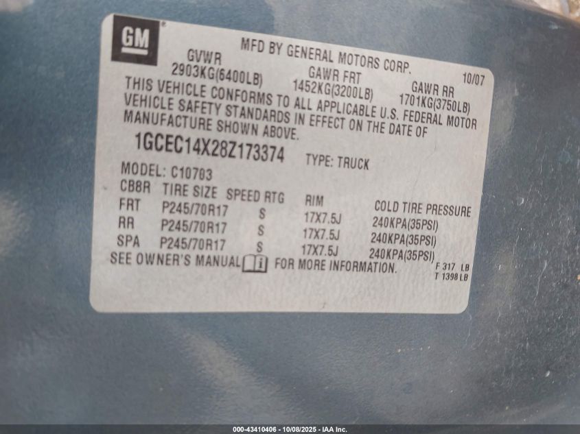 2008 Chevrolet Silverado 1500 Work Truck VIN: 1GCEC14X28Z173374 Lot: 43410406