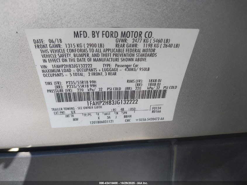 2018 Ford Taurus Sel VIN: 1FAHP2H83JG132222 Lot: 43410408