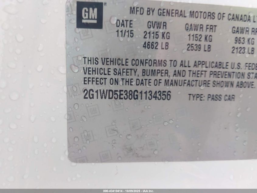 2016 Chevrolet Impala Limited Police VIN: 2G1WD5E38G1134356 Lot: 43410414