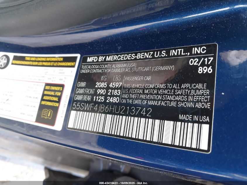 2017 Mercedes-Benz C 300 Sport VIN: 55SWF4JB6HU213742 Lot: 43410423