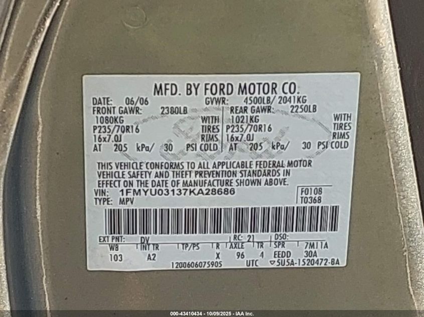 2007 Ford Escape Xlt/Xlt Sport VIN: 1FMYU03137KA28686 Lot: 43410434